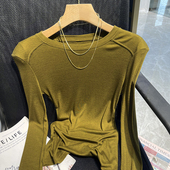 咸菜绿圆领长袖 女春秋冬内搭修身 上衣加厚 垫肩T恤打底衫 2026新款