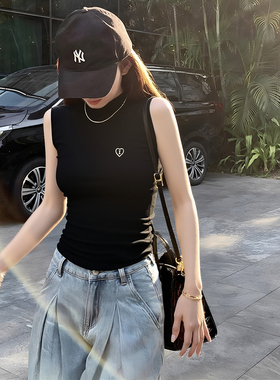 半高领背心针织棉无袖刺绣修身遮副乳黑色百搭吊带可外穿显瘦夏季