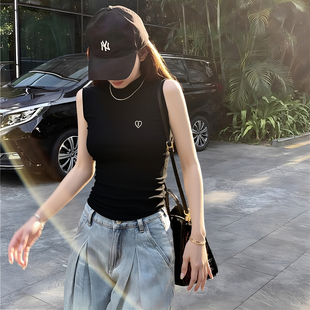 半高领背心针织棉无袖刺绣修身遮副乳黑色百搭吊带可外穿显瘦夏季