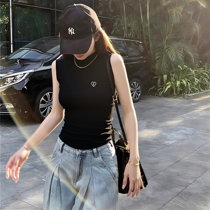 半高领背心针织棉无袖刺绣修身遮副乳黑色百搭吊带可外穿显瘦夏季