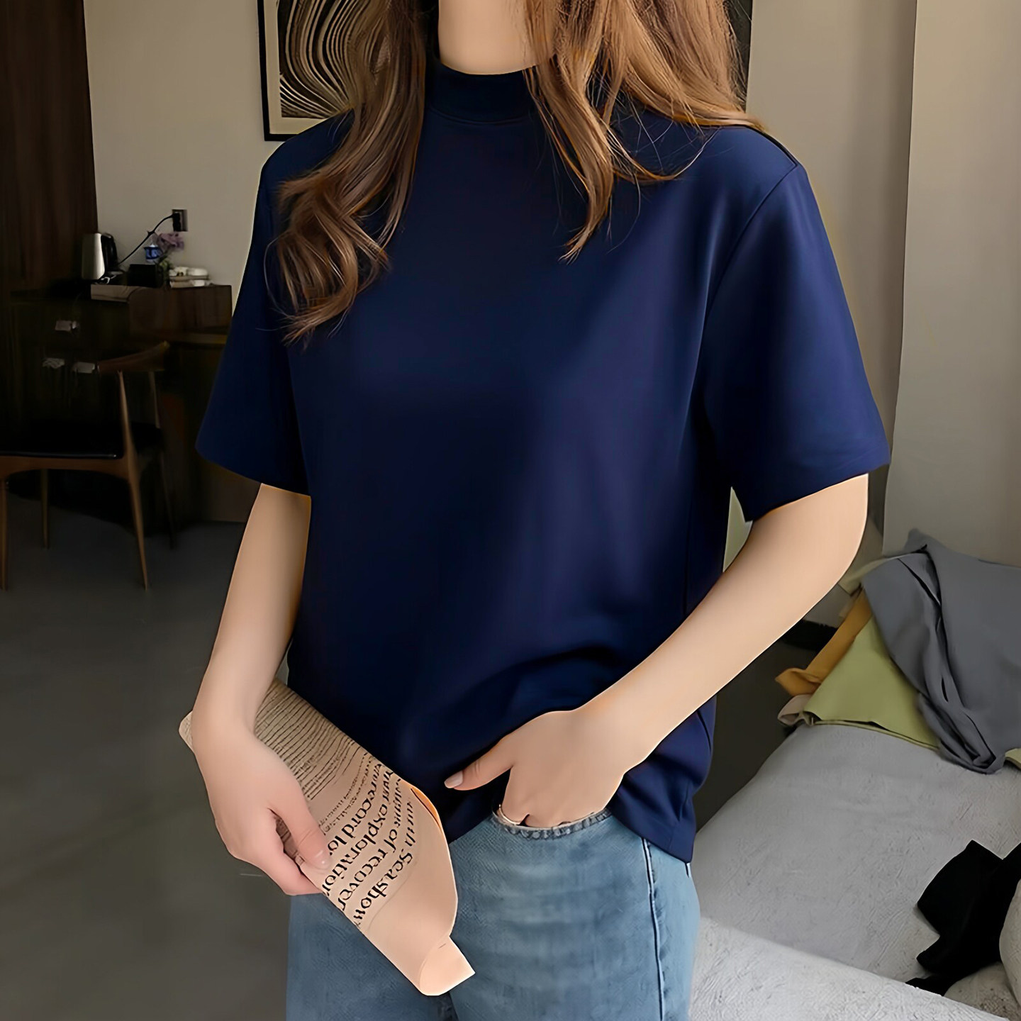t恤女宽松韩版慵懒风藏青色小半高领短袖立领正肩大码百搭欧洲站图片