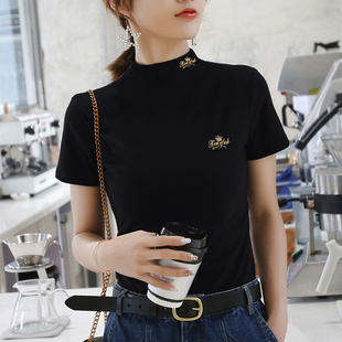 2025 黑色立领修身 磨毛短袖 t恤女300g重磅半高领T恤加厚春秋打底衫