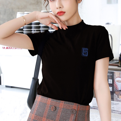 高领薄款洋气风黑色半袖针织t恤