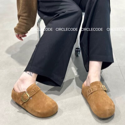 2025新款秋季真皮勃肯鞋女圆头皮带扣一脚蹬平底牛皮单鞋潮