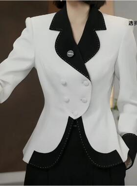 白色西装外套女2025秋新款拼色设计感小众气质名媛高级感西服上衣