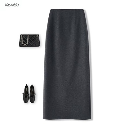 高级羊毛加绒直筒半身裙女2025秋冬新款高腰后开叉长裙通勤女裙