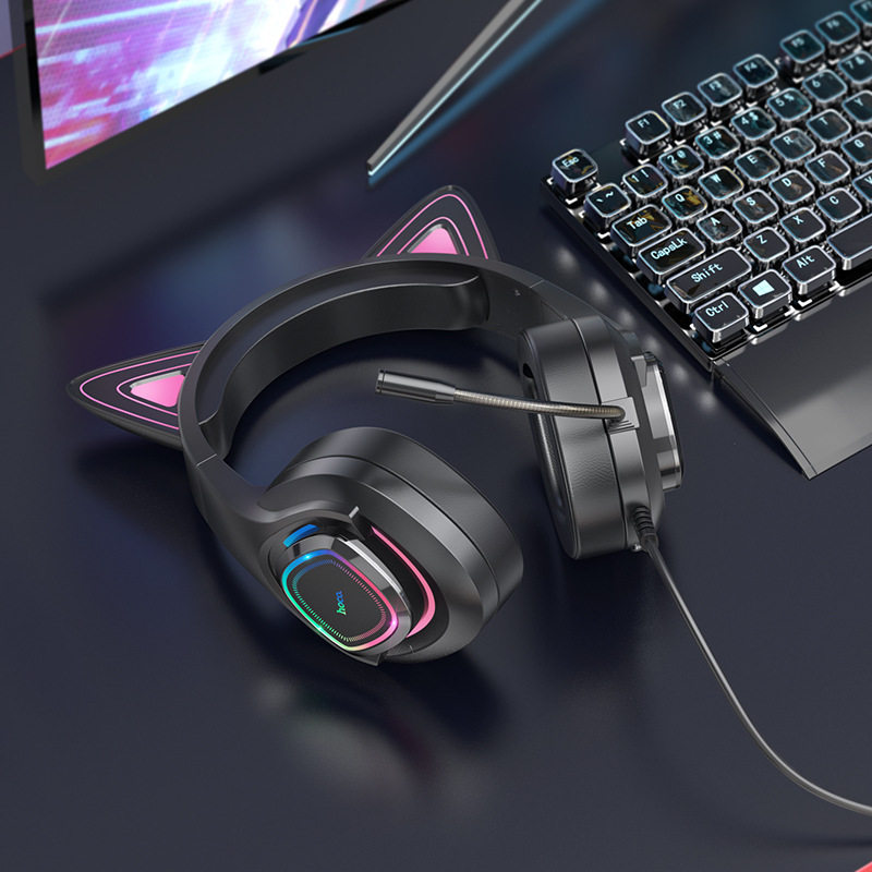 HOCO浩酷W107头戴式有线电竞耳机USB+3.5mm电脑直插型2M线麦克风