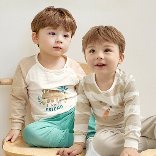 儿童睡衣家居服超薄纯棉男童衬衣衬裤 竹节棉居家服 女童宝宝宽松版