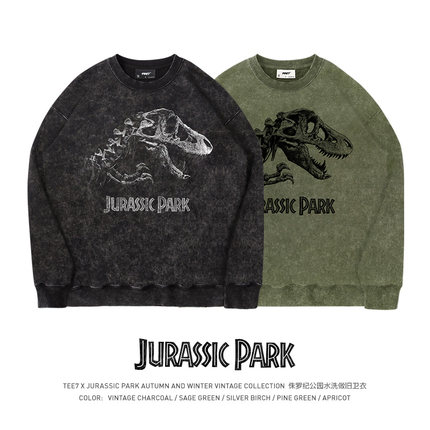 TEE7-经典影视侏罗纪水洗做旧复古纯棉ins高街宽松圆领卫衣