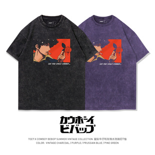 TEE7 T恤情人节玫瑰水洗做旧复古动漫纯棉宽松 星际牛仔COWBOY短袖