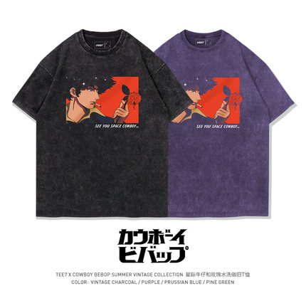 TEE7-星际牛仔COWBOY短袖T恤情人节玫瑰水洗做旧复古动漫纯棉宽松