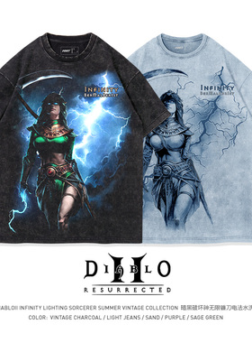 TEE7-暴雪暗黑2国服Diablo2无限镰刀电法水洗做旧美式纯棉短袖T恤