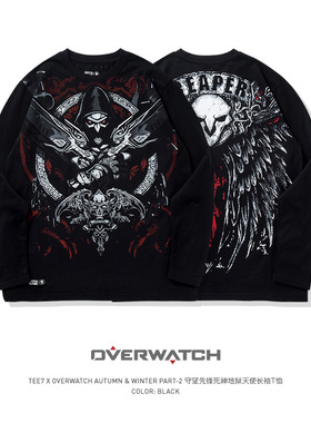 TEE7-清仓守望先锋死神地狱天使OW满幅面黑色扎染纯棉长袖T恤
