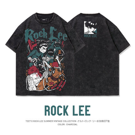 TEE7-日系动漫火影忍者T恤洛克李vs我爱罗水洗做旧印花宽松纯棉