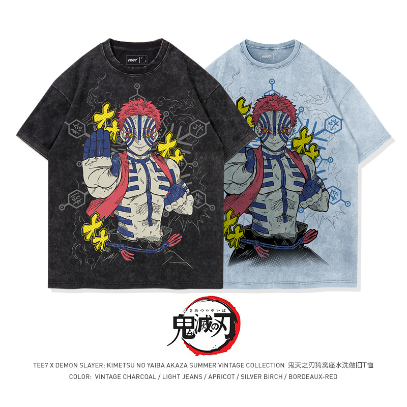 TEE7-鬼灭之刃三哥猗窝座拳之呼吸水洗做旧纯棉宽松潮流短袖T恤