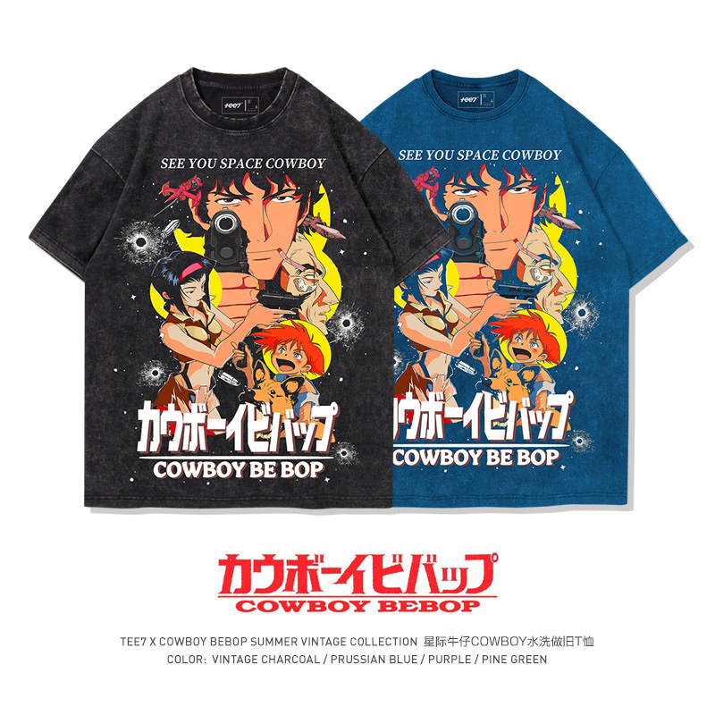 TEE7-星际牛仔Cowboybebop水洗做旧复古重磅纯棉圆领短袖T恤