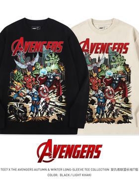 TEE7动漫复联复古海报Avengers Assemble美式重磅纯棉宽松长袖T恤