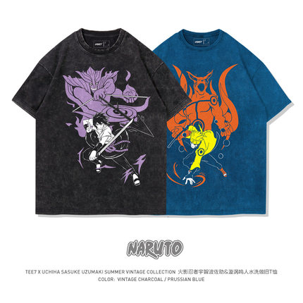TEE7-日系动漫火影忍者T恤佐助鸣人水洗做旧复古宽松纯棉男款短袖