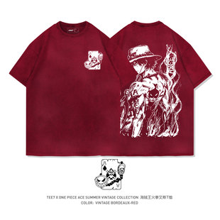 TEE7-海贼王火拳艾斯重磅日系复古水洗做旧纯棉宽松短袖T恤