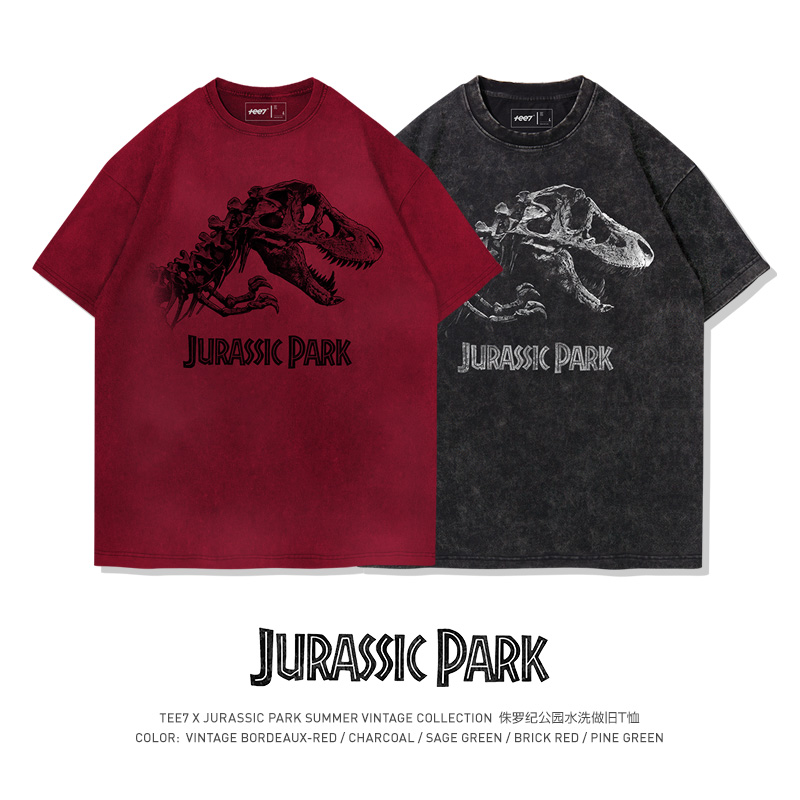 TEE7-经典影视侏罗纪公园水洗做旧复古纯棉ins高街短袖T恤