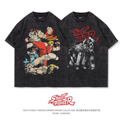 TEE7-街霸合影隆肯春丽水洗做旧T恤美式复古宽松潮流纯棉短袖