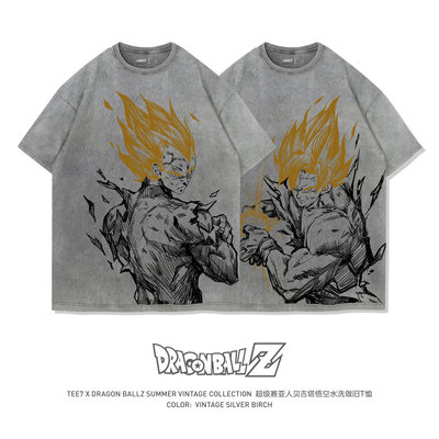 TEE7-龙珠超级赛亚人悟空贝吉塔特兰克斯水洗做旧美式纯棉短袖T恤