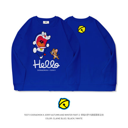 TEE7-日系动漫哆啦A梦机器猫圆领卫衣克莱因蓝宽松落肩卡通纯棉