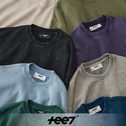 TEE7-秋冬重磅复古美式水洗做旧纯棉圆领卫衣加宽松可定制