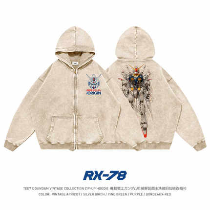 TEE7-动漫高达机械图连帽开衫水洗做旧复古重磅美式潮牌拉链卫衣