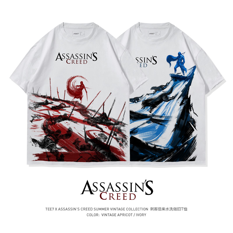 TEE7-刺客信条起源圆领短袖T恤水洗做旧复古水墨美式重磅纯棉爆款