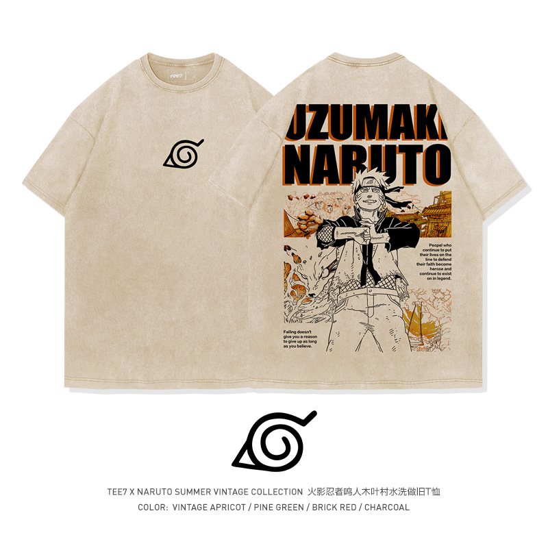 TEE7疾风传火影T恤七代目鸣人水洗做旧复古重磅纯棉宽松圆领短袖