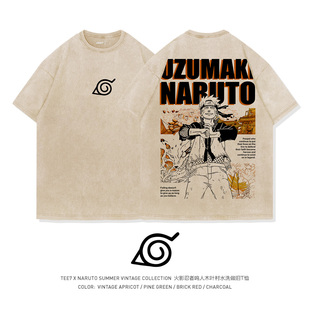 TEE7疾风传火影T恤七代目鸣人水洗做旧复古重磅纯棉宽松圆领短袖