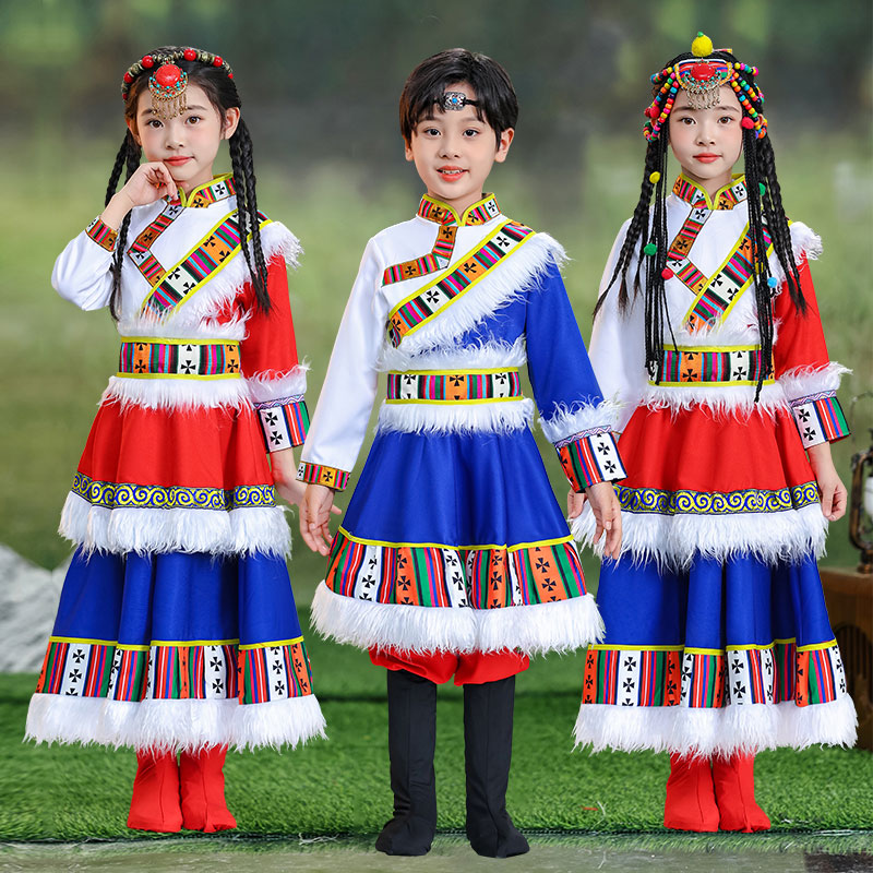 儿童藏族表演练习裙藏族舞次仁拉索男女童藏族吉祥热巴鼓舞表演服