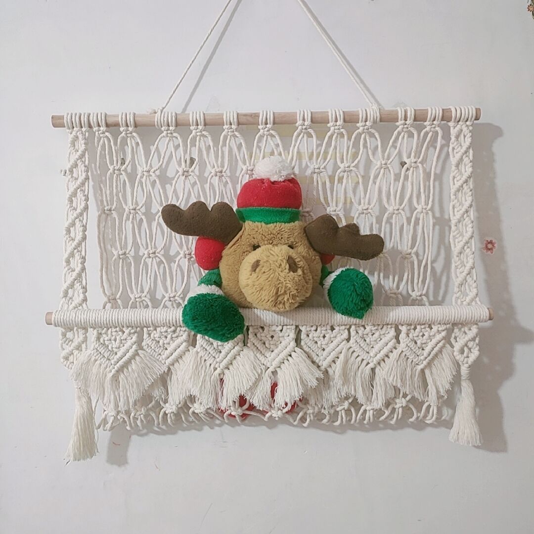 ins北欧风编织手工挂毯置物架儿童房简约收纳娃网兜书籍摆件壁架