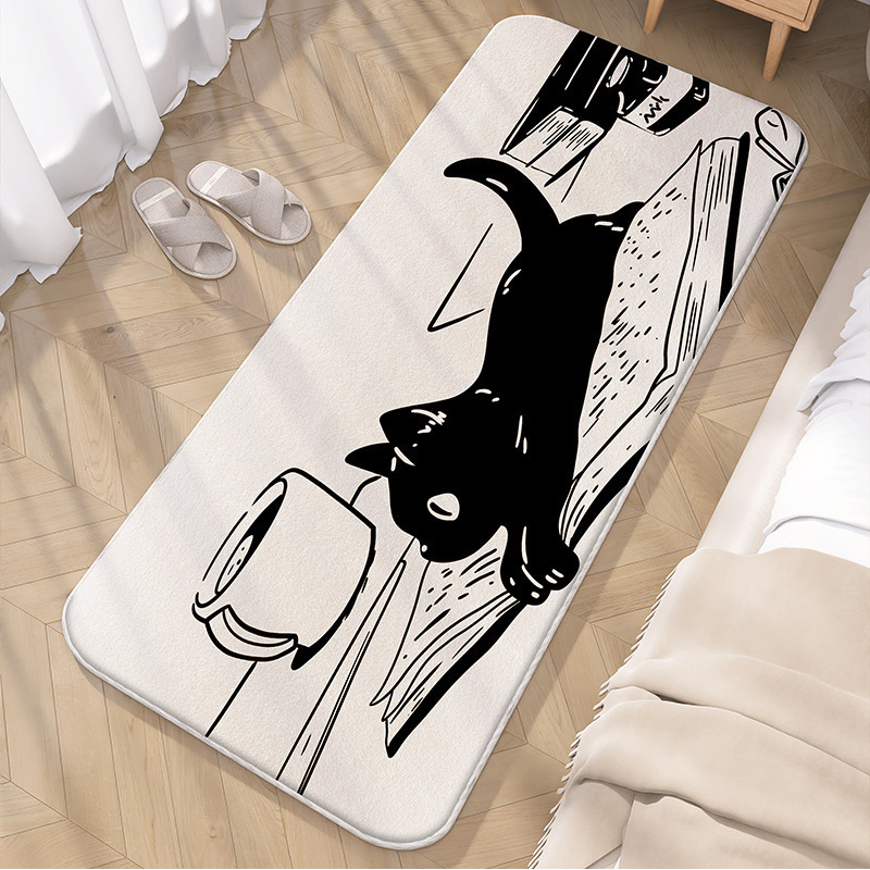 黑白猫咪仿羊绒床边毯卧室窗边加厚防滑飘窗垫家用可爱卡通地毯