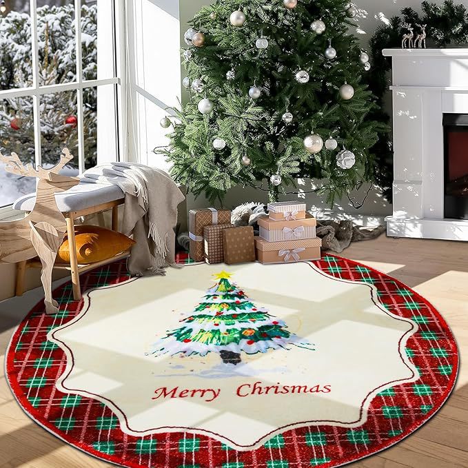 temu圣诞节圆形客厅地毯仿羊绒隔凉卧室床边毯圣诞树装饰耐脏地垫