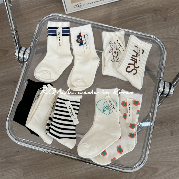 【现货】RQMM韩国童袜儿童四季款纯棉针织袜小熊条纹中筒袜组合装