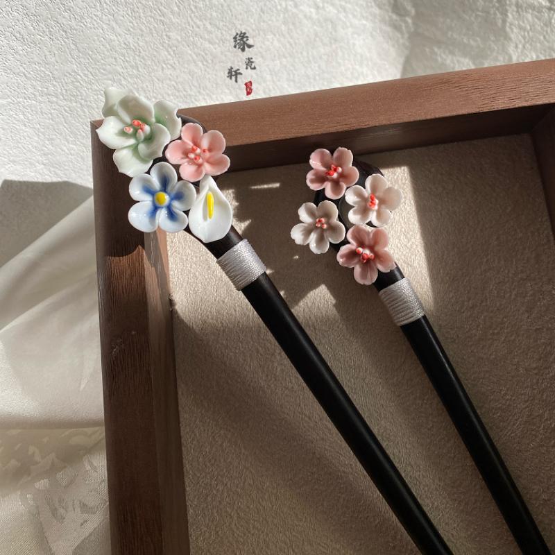 纯手工原创景德镇陶瓷手作发簪古典簪子紫光檀木小众礼物高级感