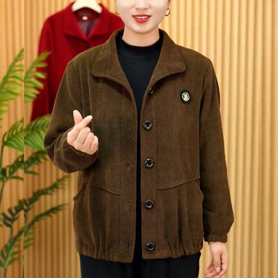 妈妈春装灯芯绒外套中老年女装春秋新款翻领夹克中年人休闲上衣服