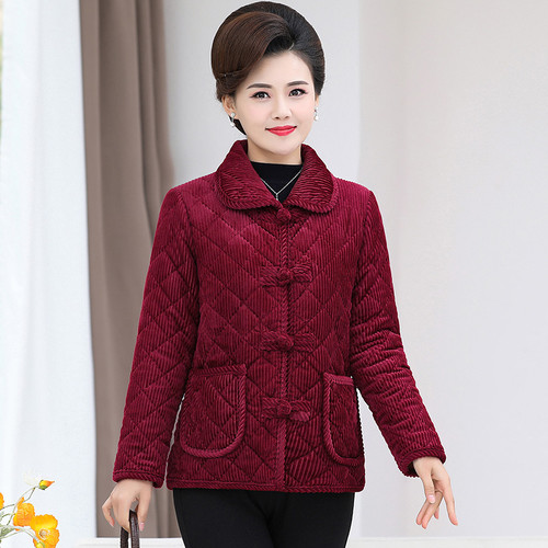 中老年女装秋冬灯芯绒盘扣棉衣洋气妈妈冬季加绒加厚短款翻领棉袄