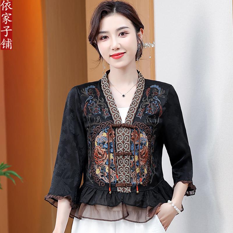 2025新中式汉服七分袖女装重工刺绣V领开衫复古撞色国风潮上衣