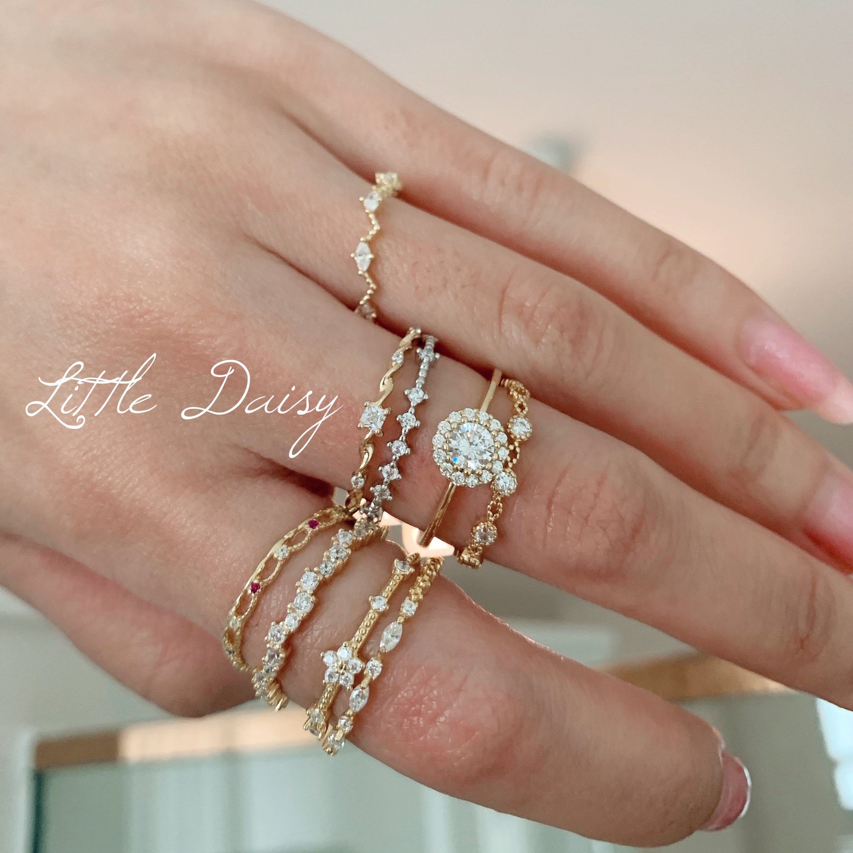 little daisy 法式 简约大气 镶钻交错 闪耀轻奢925银镀金 细戒指