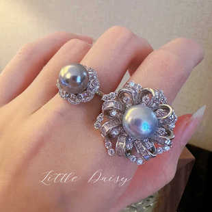 Little Daisy神秘黑珍珠美人复古优雅高级贵气晚宴开口可调节戒指