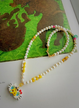 神经手作孤品 手绘Kitty猪左卫门蝴蝶结天然珍珠捷克琉璃手工项链