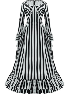 断头谷cos服 卡翠娜Katrina Van哥特蒸汽朋克黑白条纹流苏连衣裙