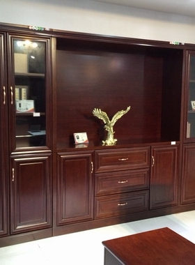 红胡桃木色3.5米实木书柜办公组合带抽屉文件柜 带衣柜书橱C931