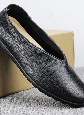 老北京布鞋男圆口皮鞋头层牛皮套脚懒汉鞋男士真皮软底防滑老头鞋