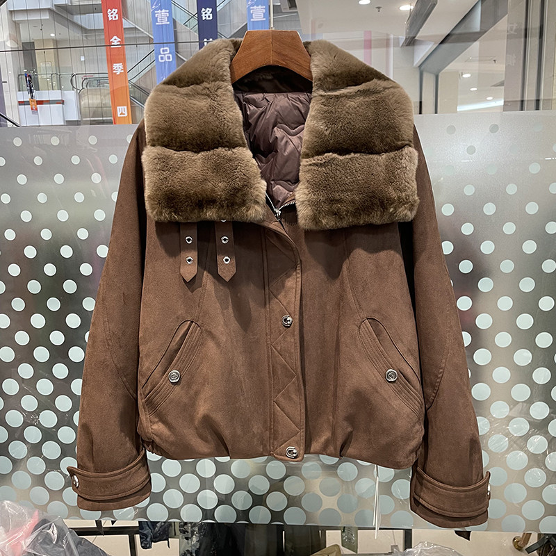 獭兔毛领羊皮绒鹅绒服短款上衣女