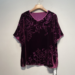 夏季新款V领短袖妈妈装T恤桑蚕丝真丝植绒加肥加大上衣财地2280女