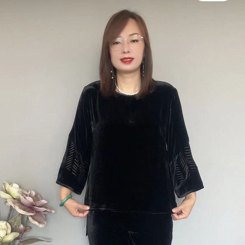 时尚圆领九分袖桑蚕丝植绒提花加肥加大妈妈装宽松上衣财地2317